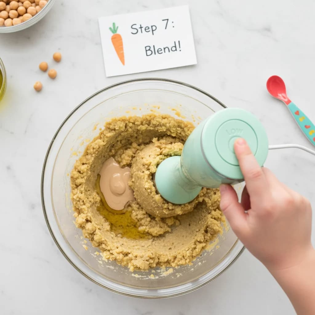 Step 7: Step 7: Begin blending the ingredients on low speed. Gradually increase the speed until a smooth pas for Baby's First Hummus: Chickpea & Sesame Spread