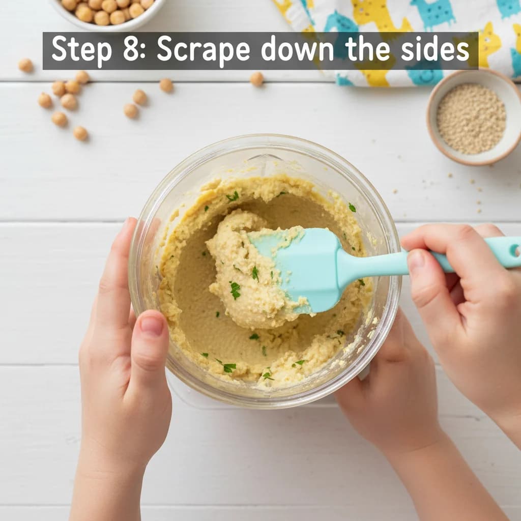 Step 8: Step 8: Stop the blender and scrape down the sides with a spatula to ensure all ingredients are inco for Baby's First Hummus: Chickpea & Sesame Spread