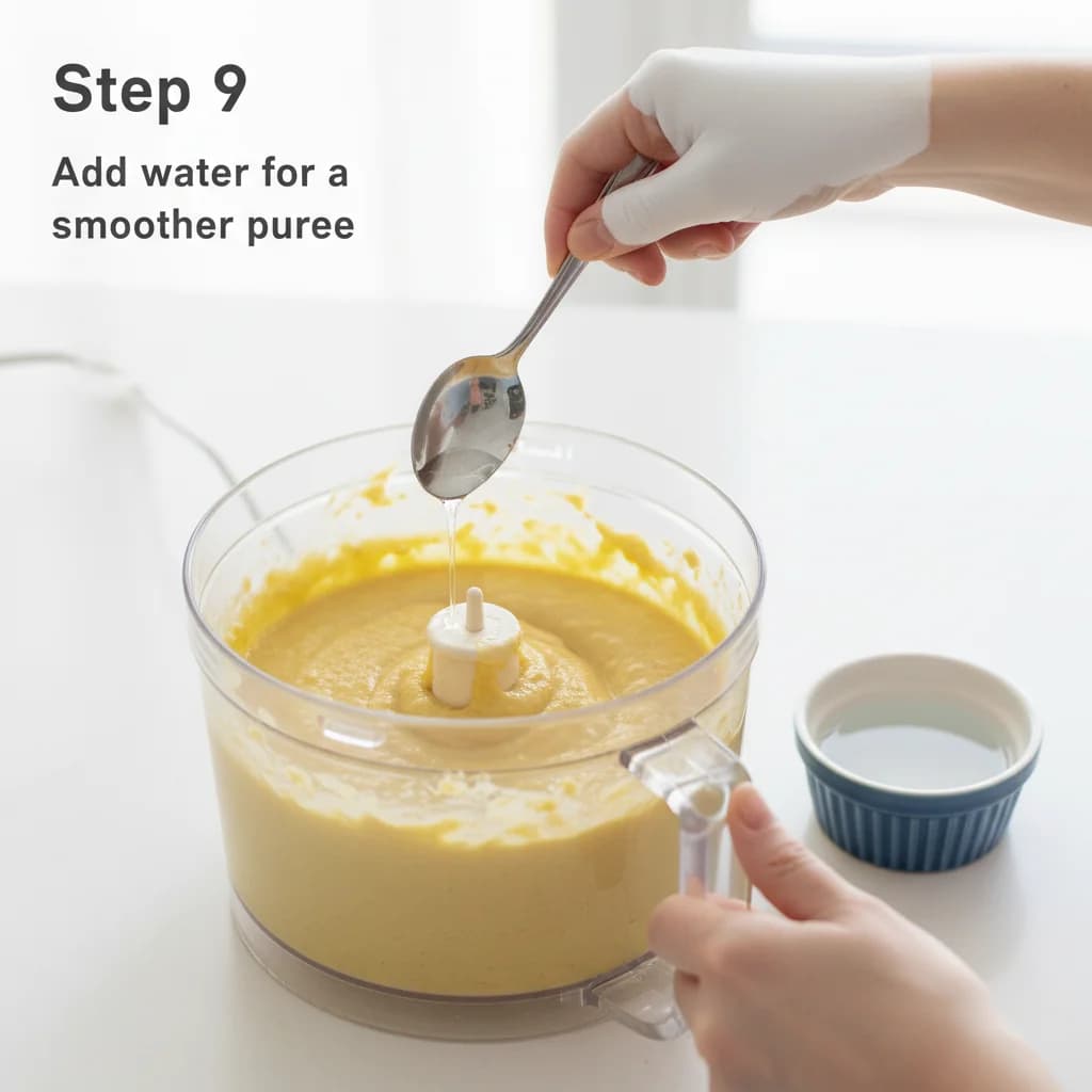 Step 9: Step 9: If the hummus is too thick, add the remaining 1 tablespoon of water, one teaspoon at a time, for Baby's First Hummus: Chickpea & Sesame Spread