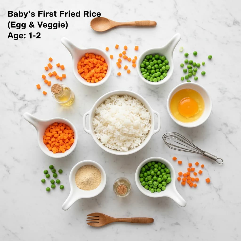 All ingredients needed for Baby's First Fried Rice (Egg & Veggie) arranged on a clean surface