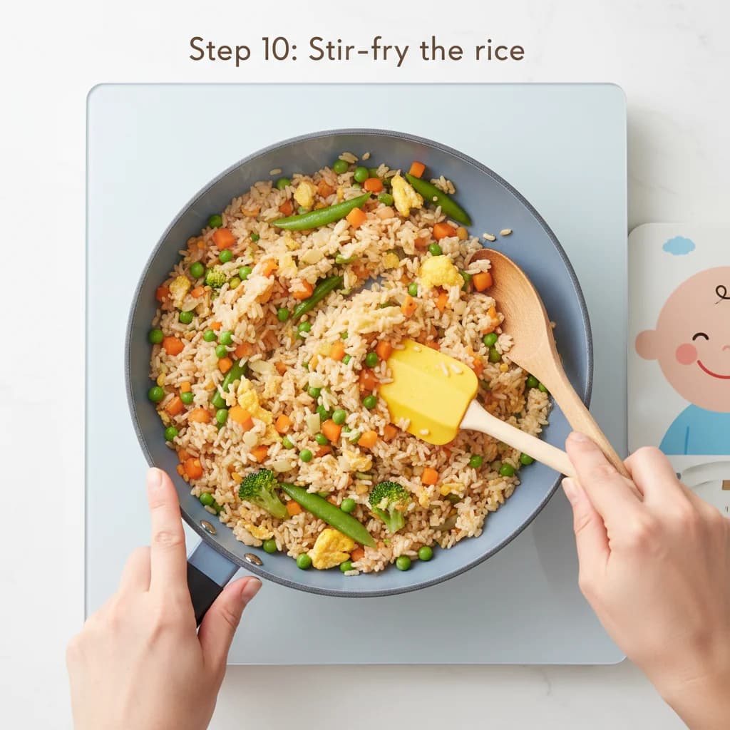 Step 10: Stir-fry the rice: Stir-fry the rice with the vegetables for another 2 minutes, using the spatula to for Baby's First Fried Rice (Egg & Veggie)