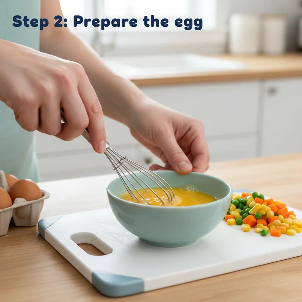 Step 2: Prepare the egg: In a small bowl, beat the egg thoroughly until the yolk and white are fully combine for Baby's First Fried Rice (Egg & Veggie)