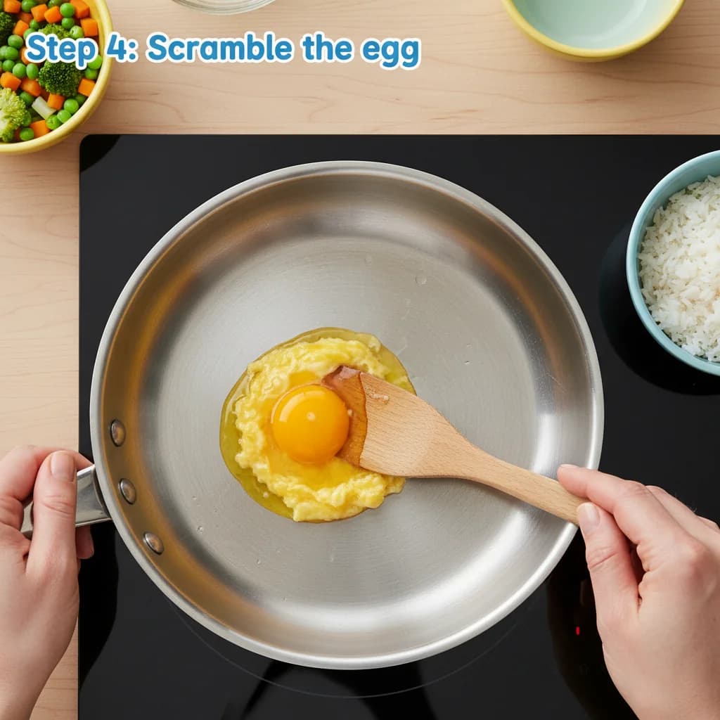 Step 4: Scramble the egg: Pour the beaten egg into the heated pan. Gently scramble it, using a spatula to br for Baby's First Fried Rice (Egg & Veggie)