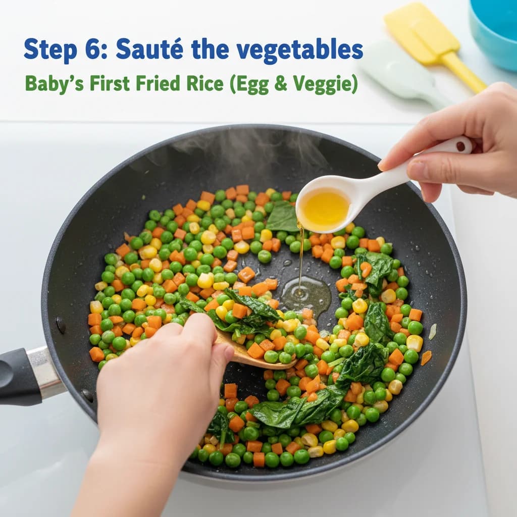Step 6: Sauté the vegetables: Add the remaining half teaspoon of oil to the same pan. for Baby's First Fried Rice (Egg & Veggie)
