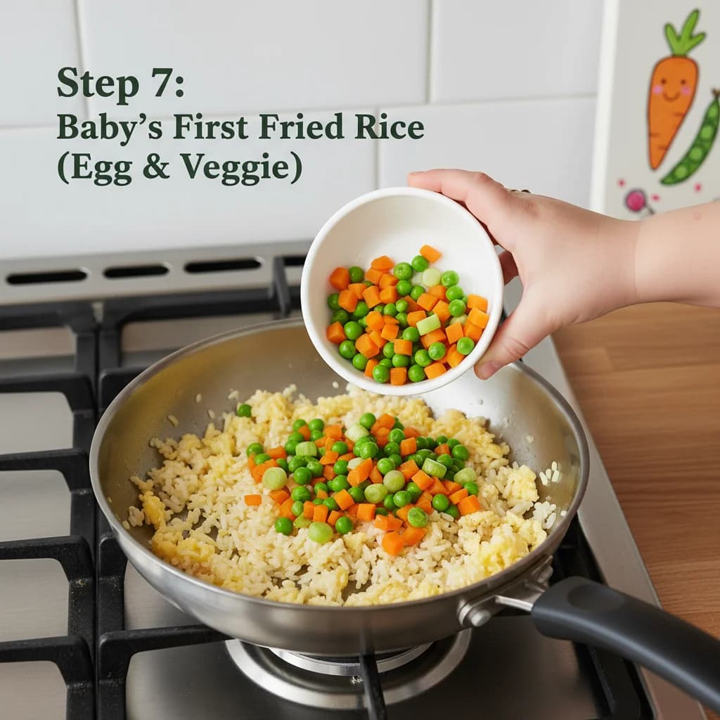 Step 7: Add the vegetables: Add the finely chopped carrot, peas, and green onion (if using) to the pan. for Baby's First Fried Rice (Egg & Veggie)