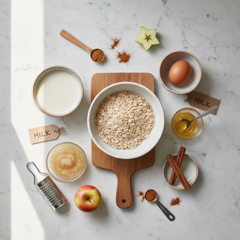 All ingredients needed for Apple Cinnamon Oatmeal Fingers arranged on a clean surface