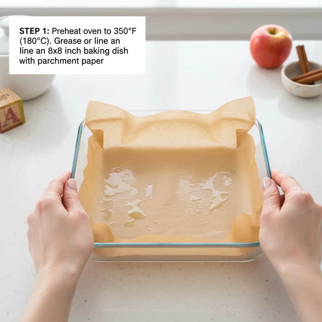 Step 1: Preheat oven to 350°F (180°C). Grease or line an 8x8 inch baking dish with parchment paper. This pre for Apple Cinnamon Oatmeal Fingers