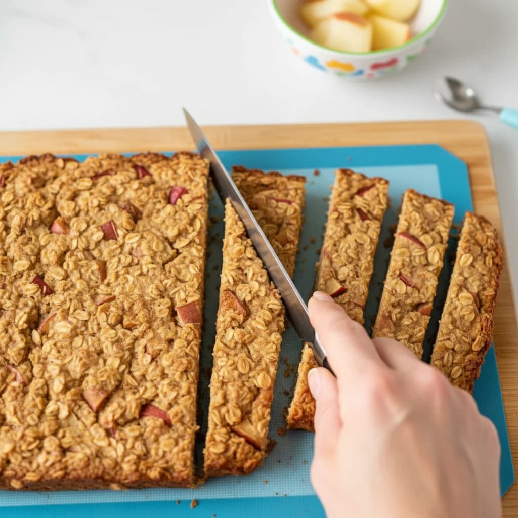 Step 10: Using a sharp knife, cut the baked oatmeal into finger-sized strips or bars, approximately 1 inch wi for Apple Cinnamon Oatmeal Fingers