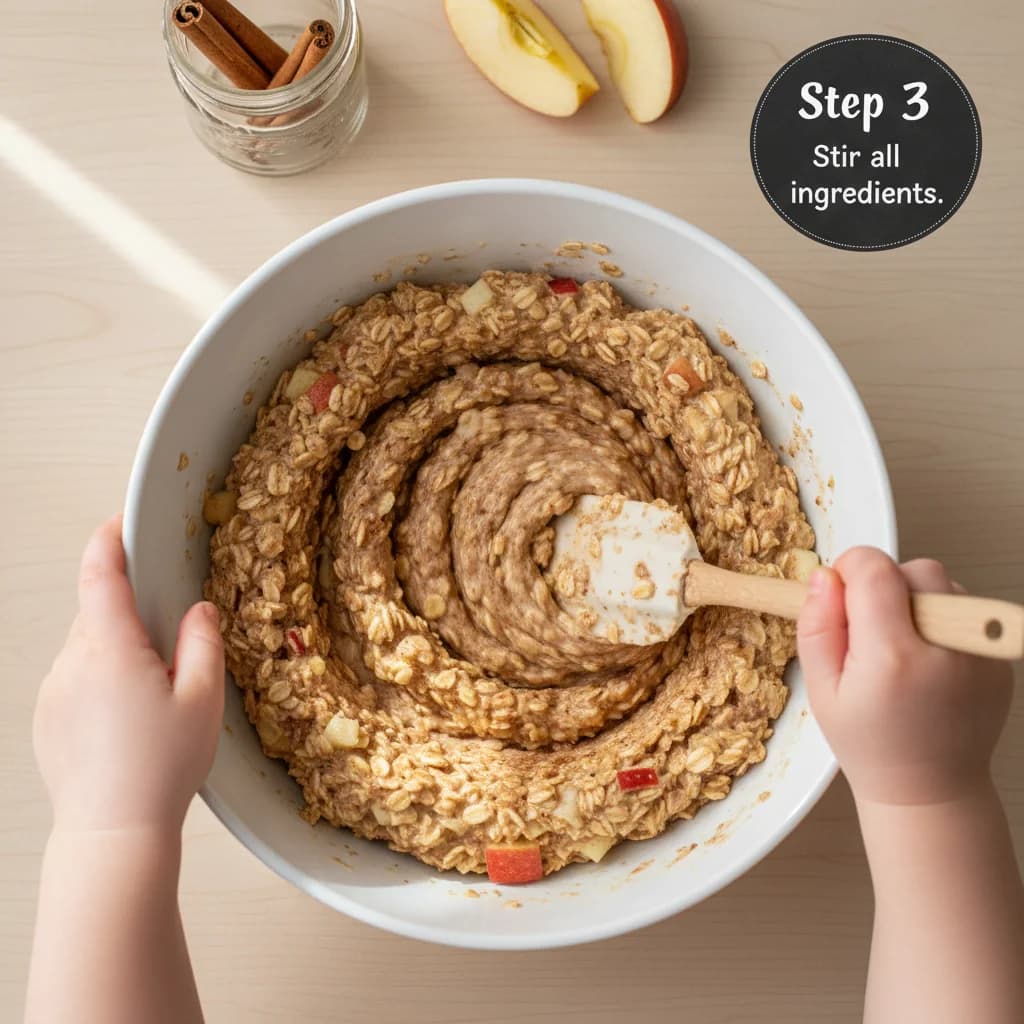 Step 3: Stir all ingredients together thoroughly until well combined. Ensure no dry oats remain at the botto for Apple Cinnamon Oatmeal Fingers
