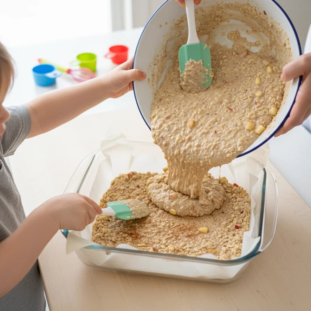 Step 5: Pour the oat mixture into the prepared baking dish. Spread evenly with a spatula to ensure uniform t for Apple Cinnamon Oatmeal Fingers