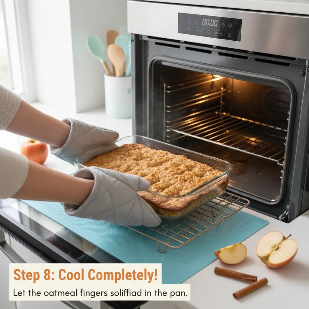 Step 8: Remove the baking dish from the oven and let it cool completely in the pan. Cooling helps the oatmea for Apple Cinnamon Oatmeal Fingers