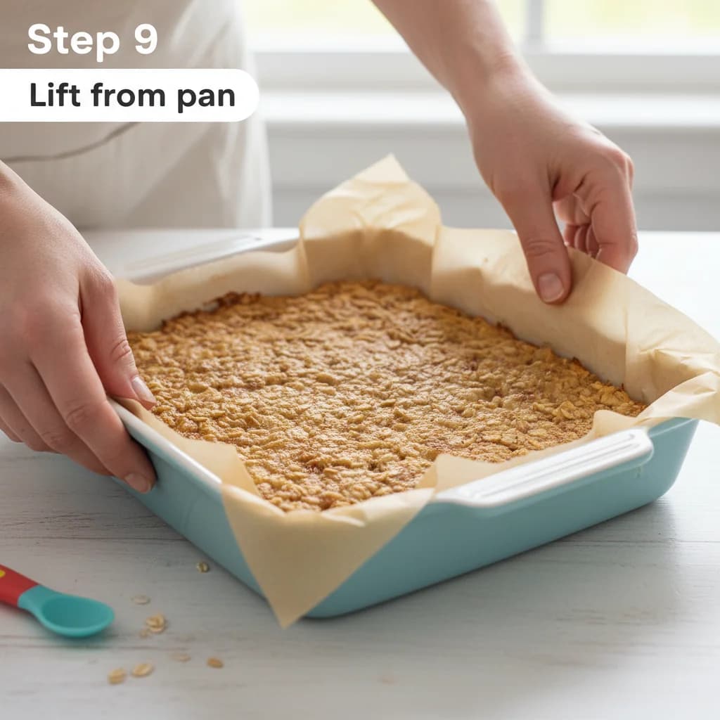 Step 9: Once cooled, carefully lift the baked oatmeal from the pan using the parchment paper overhang (if us for Apple Cinnamon Oatmeal Fingers