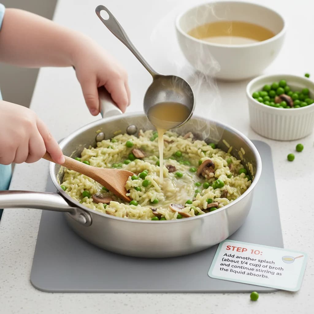Step 10: Add another splash (about 1/4 cup) of broth and continue stirring as the liquid absorbs. for Mushroom & Pea Creamy Rice (Baby Risotto)