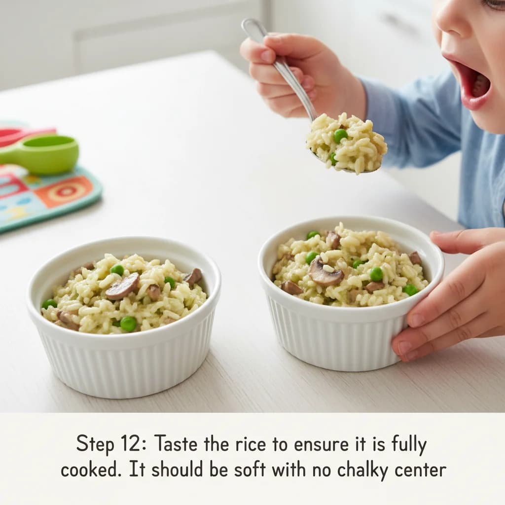 Step 12: Taste the rice to ensure it is fully cooked. It should be soft with no chalky center. for Mushroom & Pea Creamy Rice (Baby Risotto)