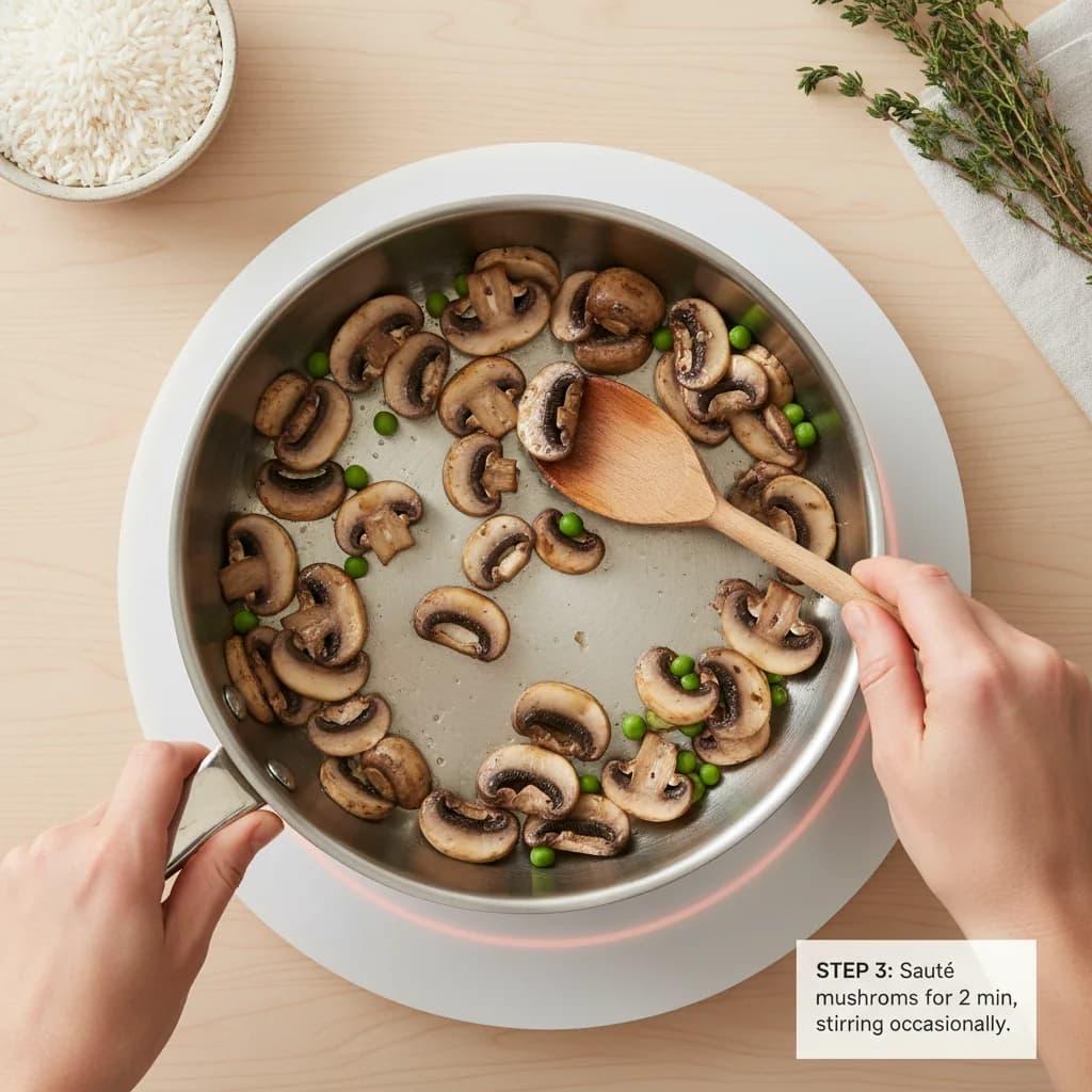 Step 3: Sauté the mushrooms for 2 minutes, stirring occasionally, until they soften and release some of thei for Mushroom & Pea Creamy Rice (Baby Risotto)