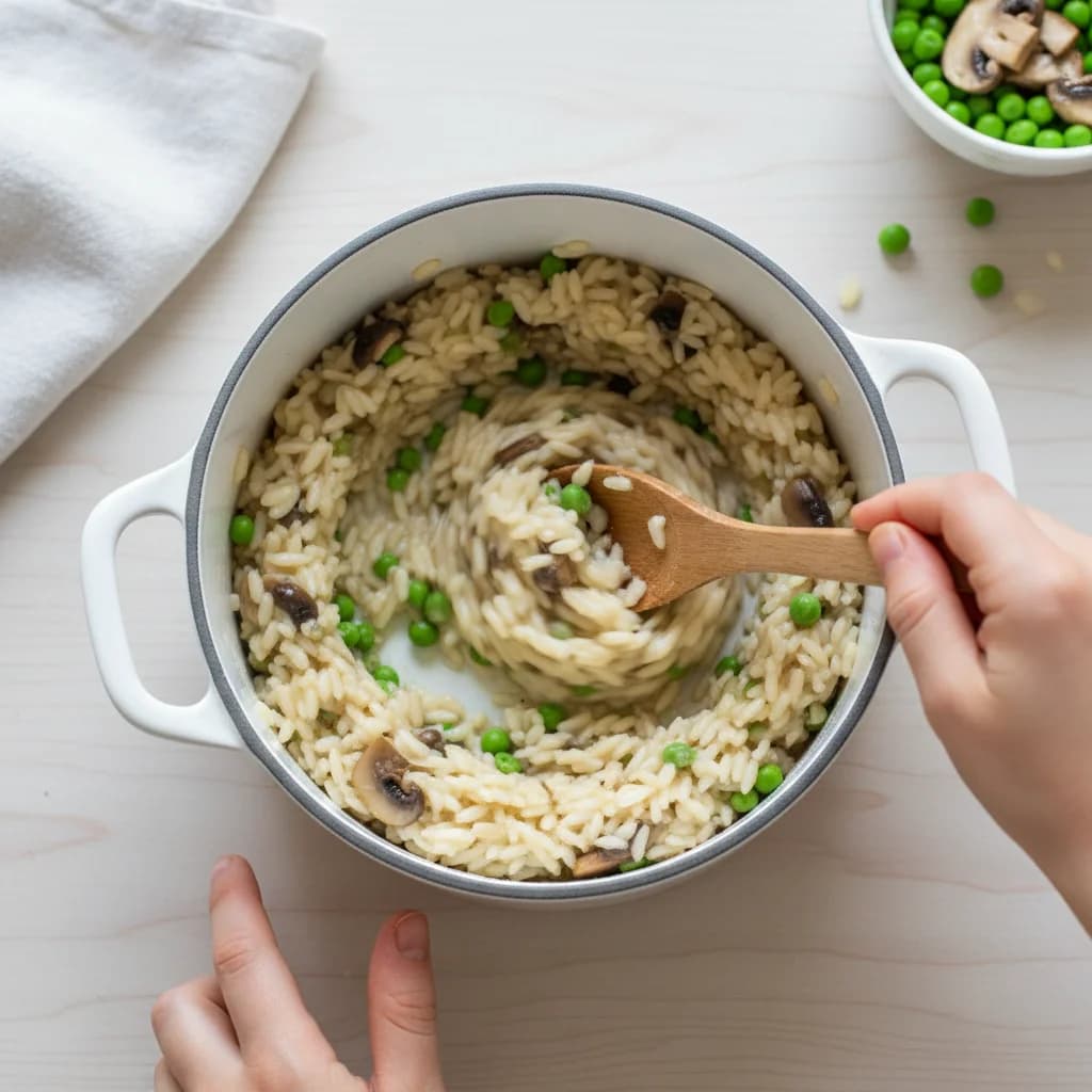 Step 7: Stir the rice for about 30 seconds to coat it with the butter and vegetables. for Mushroom & Pea Creamy Rice (Baby Risotto)