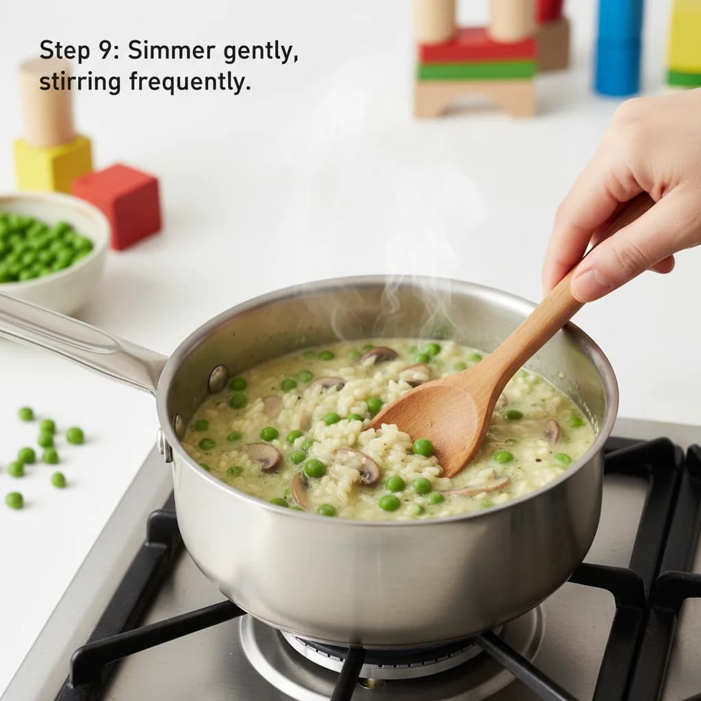 Step 9: Reduce the heat to low and simmer gently, stirring frequently, until most of the liquid is absorbed. for Mushroom & Pea Creamy Rice (Baby Risotto)