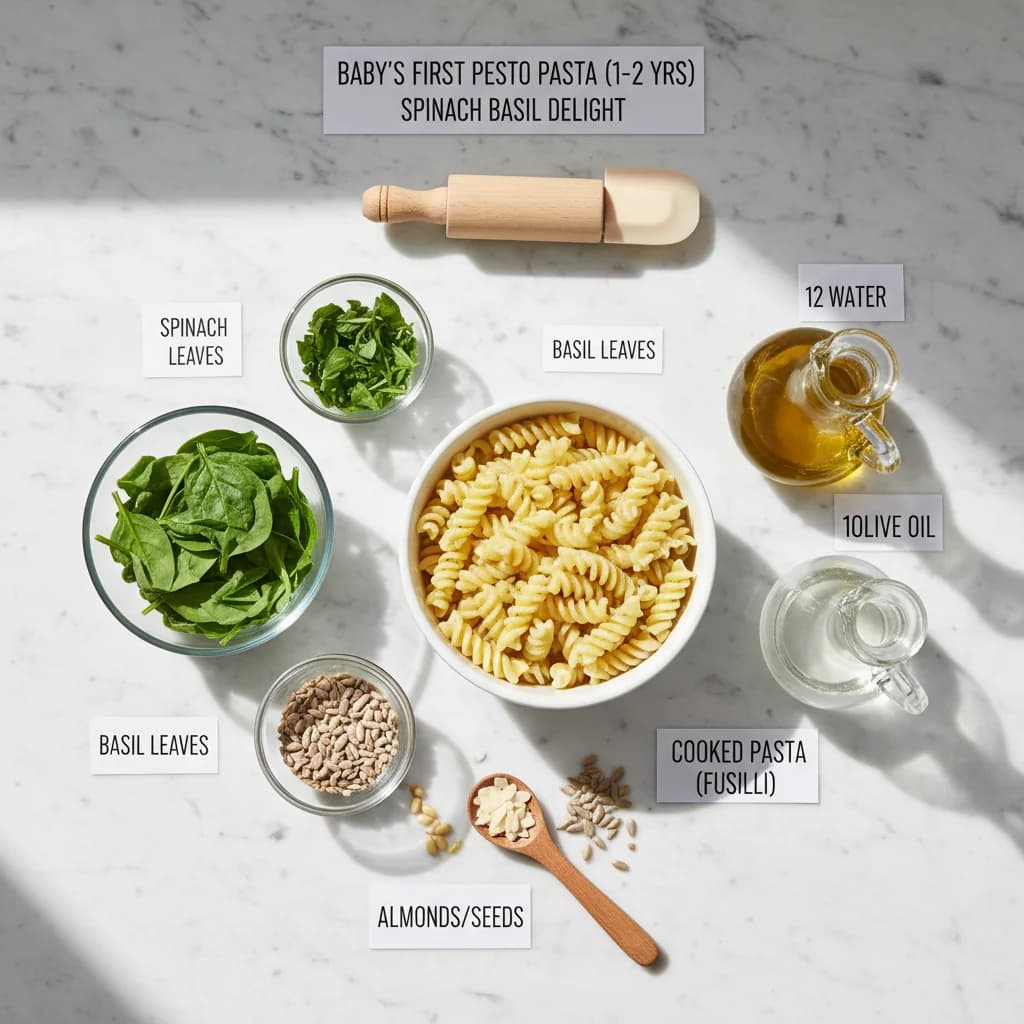 All ingredients needed for Baby's First Pesto Pasta (Spinach Basil Delight) arranged on a clean surface