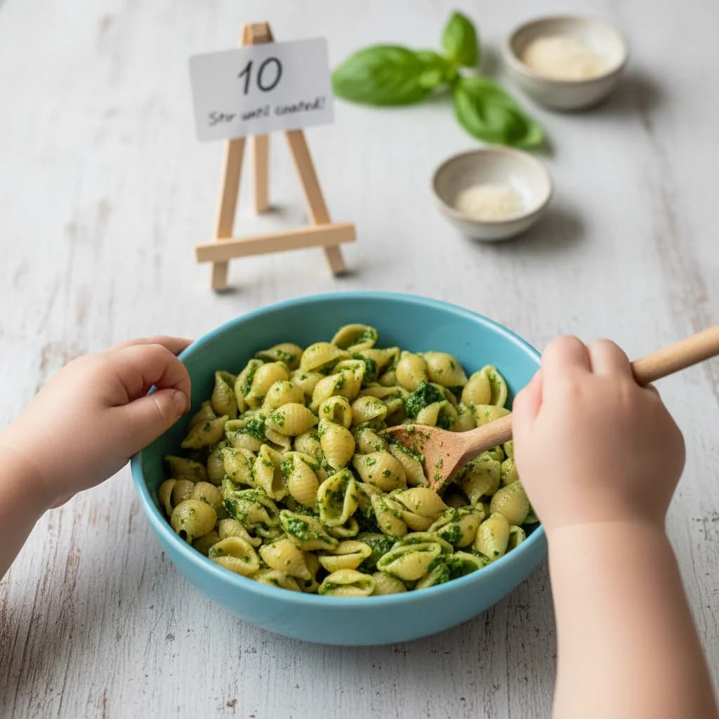 Step 10: Stir the pasta and pesto together thoroughly until the pasta is evenly coated in the green sauce. for Baby's First Pesto Pasta (Spinach Basil Delight)
