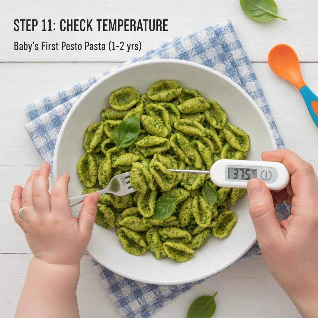Step 11: Check the temperature of the pasta to ensure it's not too hot for the baby. for Baby's First Pesto Pasta (Spinach Basil Delight)