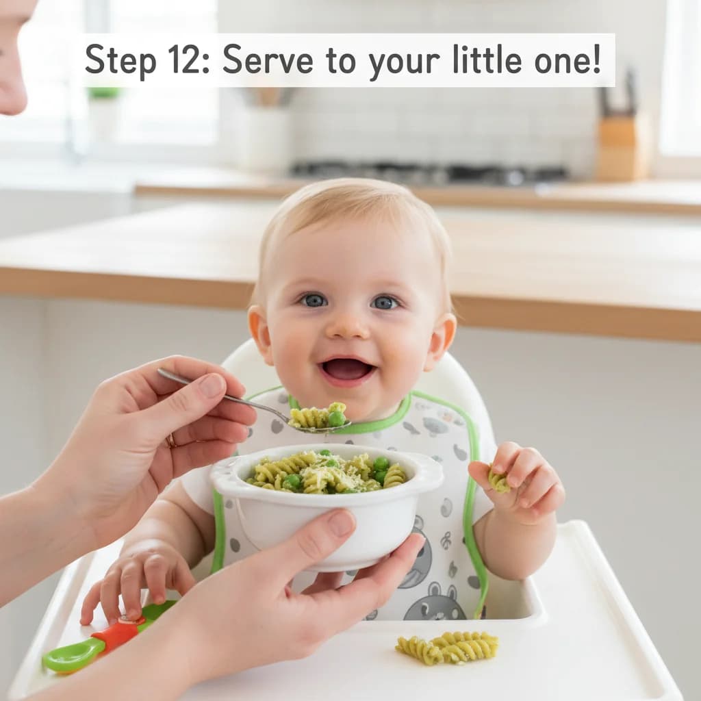 Step 12: Serve the Baby Pesto Pasta to your little one. Offer small pieces for hand-feeding, or assist with a for Baby's First Pesto Pasta (Spinach Basil Delight)