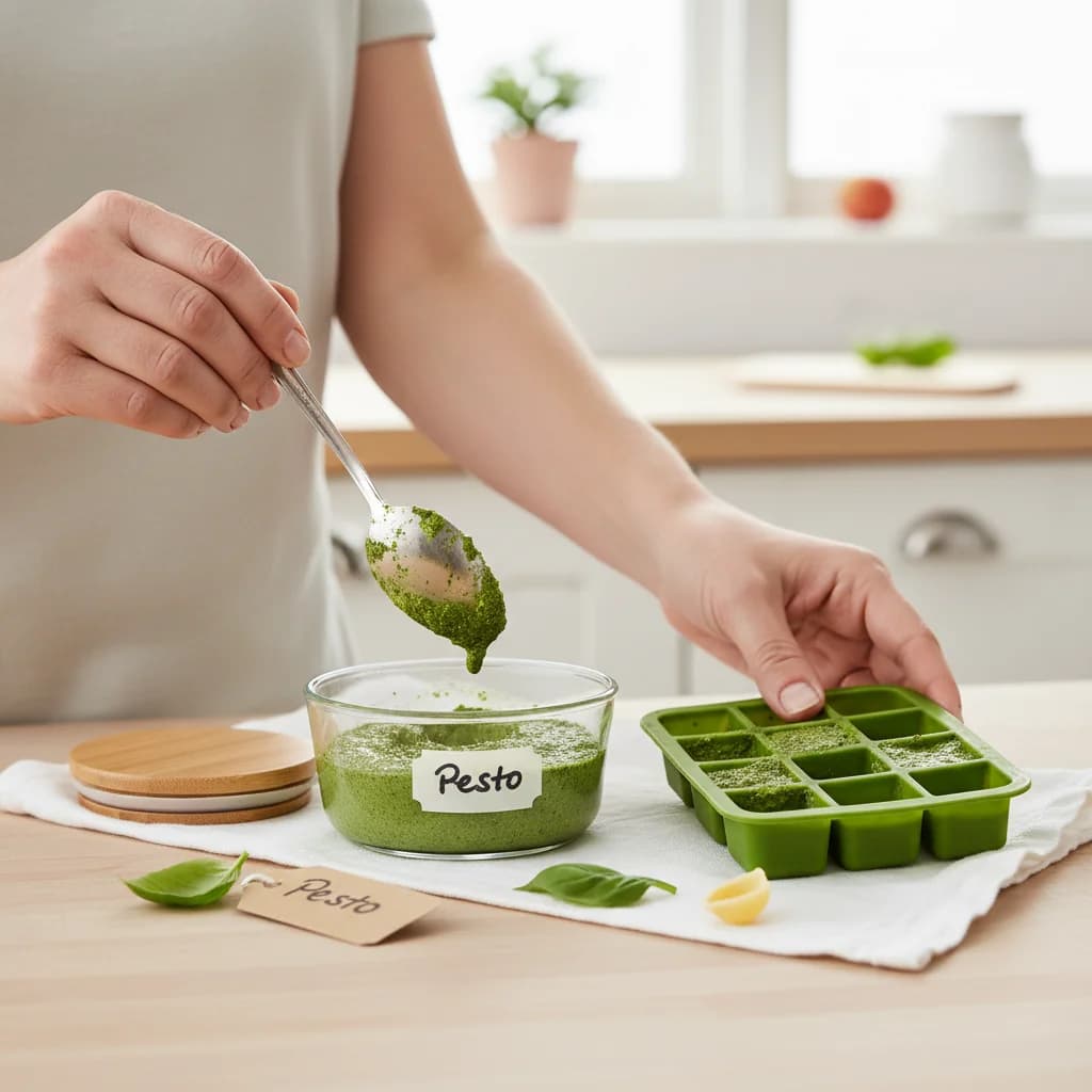 Step 13: Store any leftover pesto in an airtight container in the refrigerator for up to 2 days, or freeze in for Baby's First Pesto Pasta (Spinach Basil Delight)