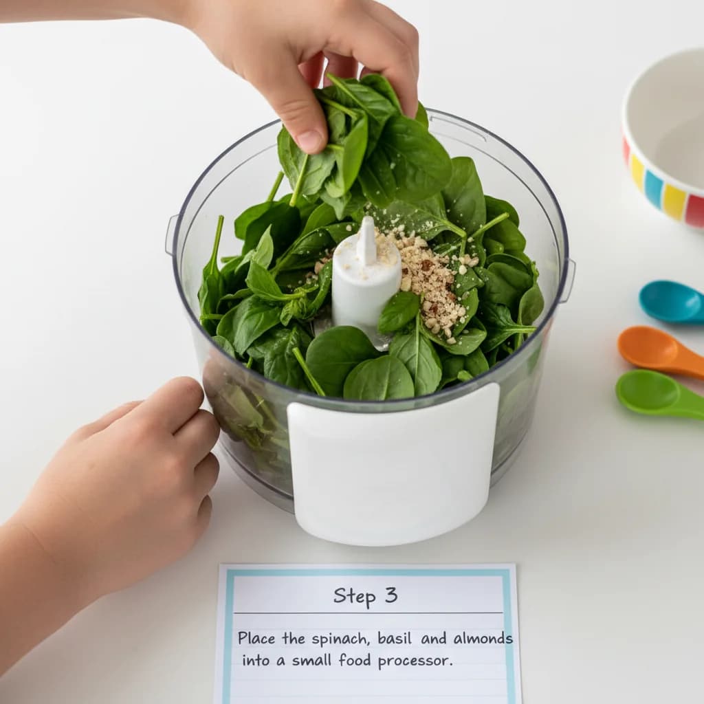 Step 3: Place the spinach, basil, and almonds (or pine nuts/sunflower seeds) into a small food processor. for Baby's First Pesto Pasta (Spinach Basil Delight)