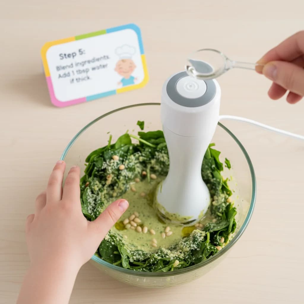 Step 5: Begin blending the ingredients. If the mixture seems too thick and isn't blending easily, add 1 tabl for Baby's First Pesto Pasta (Spinach Basil Delight)