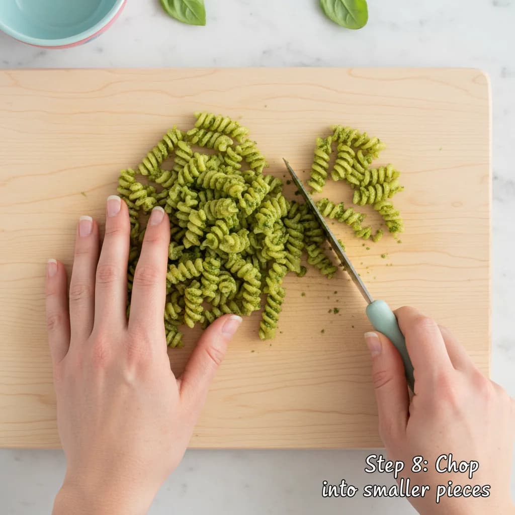 Step 8: If using larger pasta shapes (like fusilli), chop the cooked pasta into smaller, more manageable pie for Baby's First Pesto Pasta (Spinach Basil Delight)