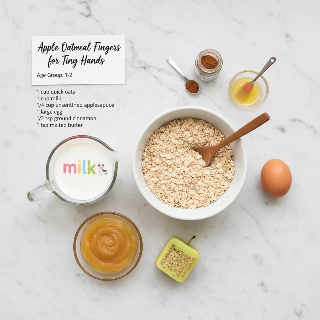 All ingredients needed for Apple Oatmeal Fingers for Tiny Hands arranged on a clean surface