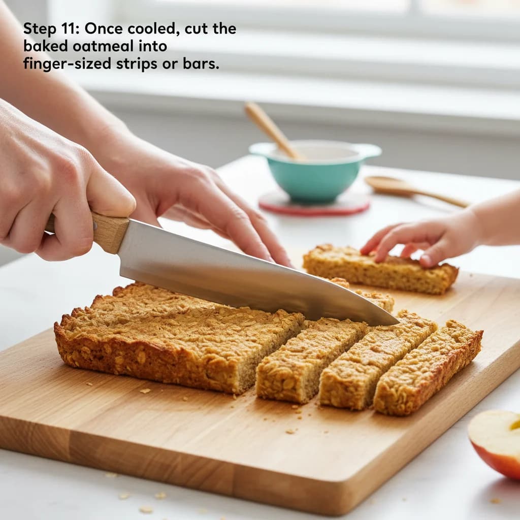 Step 11: Once cooled, cut the baked oatmeal into finger-sized strips or bars. for Apple Oatmeal Fingers for Tiny Hands