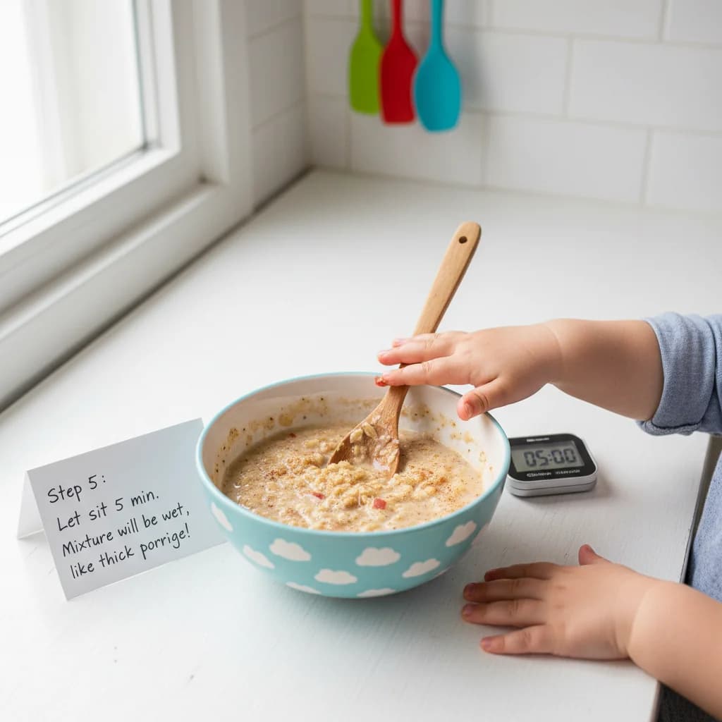 Step 5: Let the mixture sit for 5 minutes to allow the oats to absorb some of the liquid. The mixture will b for Apple Oatmeal Fingers for Tiny Hands