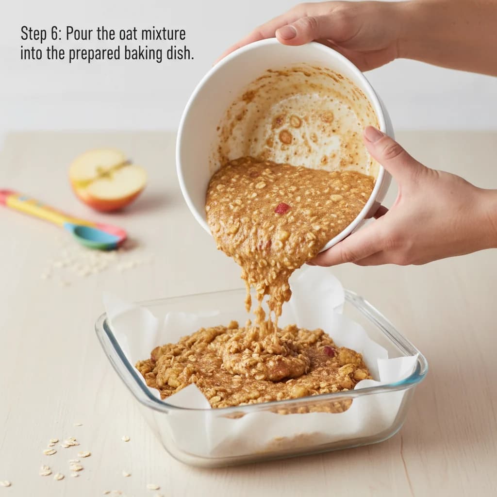 Step 6: Pour the oat mixture into the prepared baking dish. for Apple Oatmeal Fingers for Tiny Hands