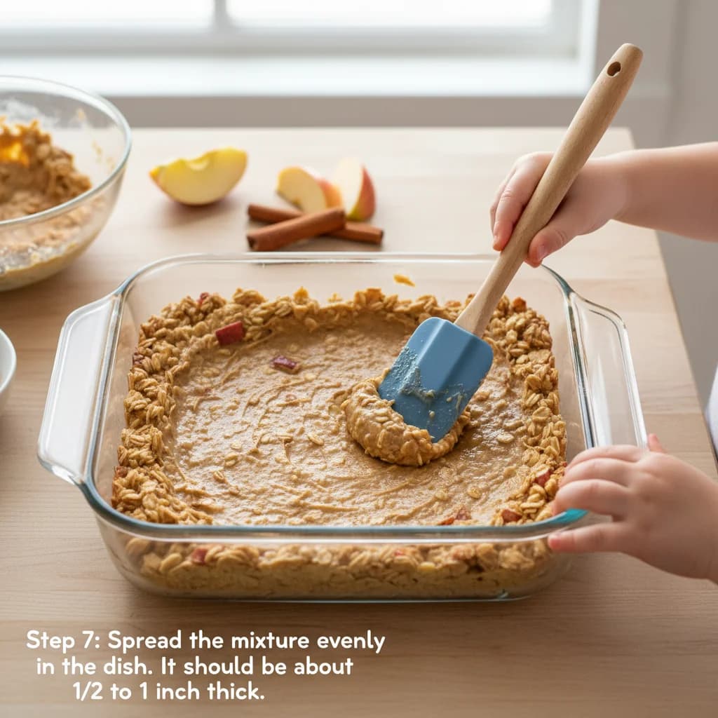 Step 7: Spread the mixture evenly in the dish. It should be about 1/2 to 1 inch thick. for Apple Oatmeal Fingers for Tiny Hands