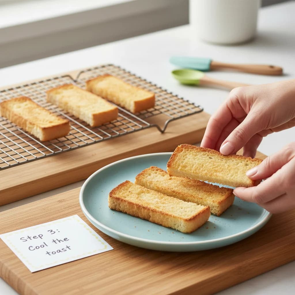 Step 3: Cool the toast: Allow the toast to cool slightly so it's comfortable to handle. for Avocado Toast Fingers for Tiny Tummies