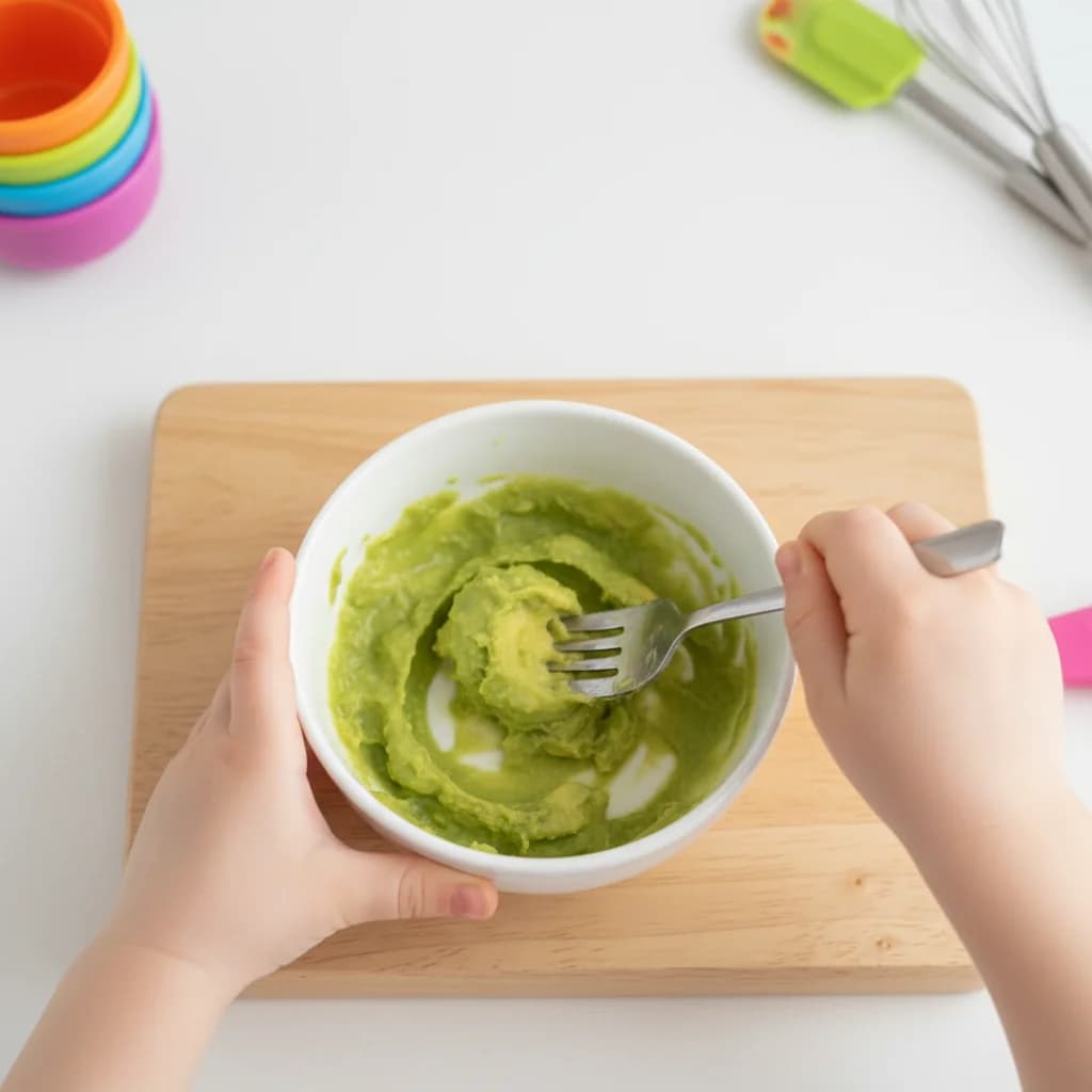 Step 5: Mash the avocado: In a small bowl, mash the avocado with a fork until it's smooth and creamy. for Avocado Toast Fingers for Tiny Tummies