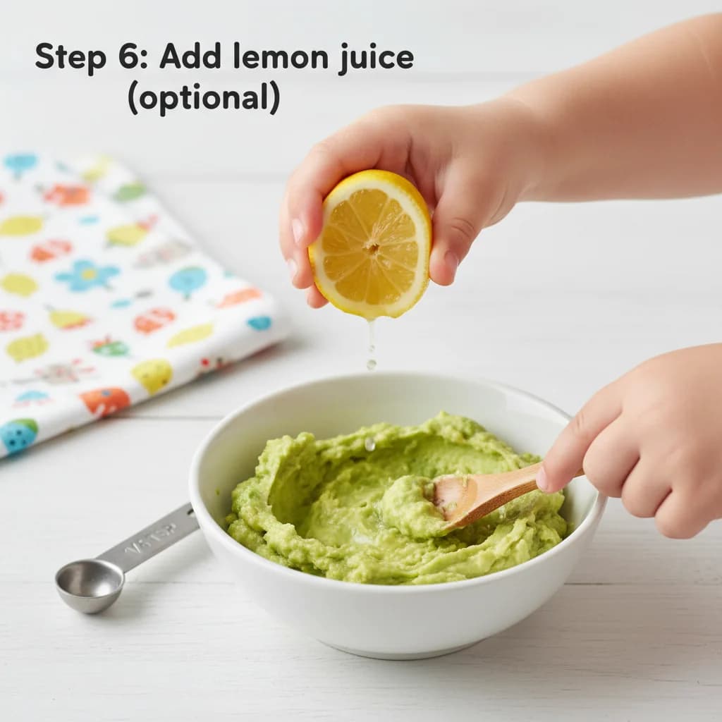Step 6: Add lemon juice (optional): If desired, add a tiny squeeze (1/8 teaspoon) of lemon juice to the mash for Avocado Toast Fingers for Tiny Tummies