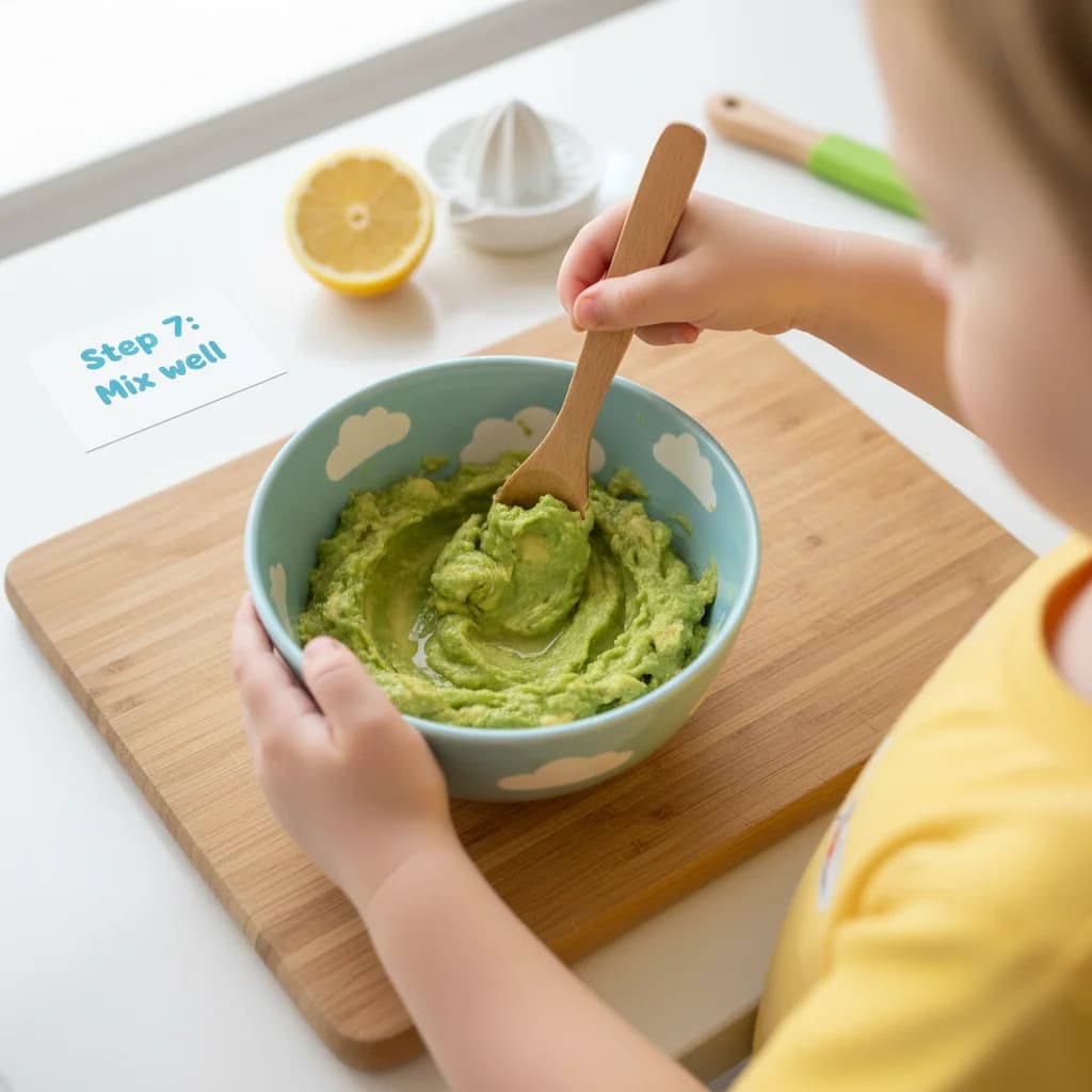 Step 7: Mix well: Stir the avocado and lemon juice together thoroughly. for Avocado Toast Fingers for Tiny Tummies