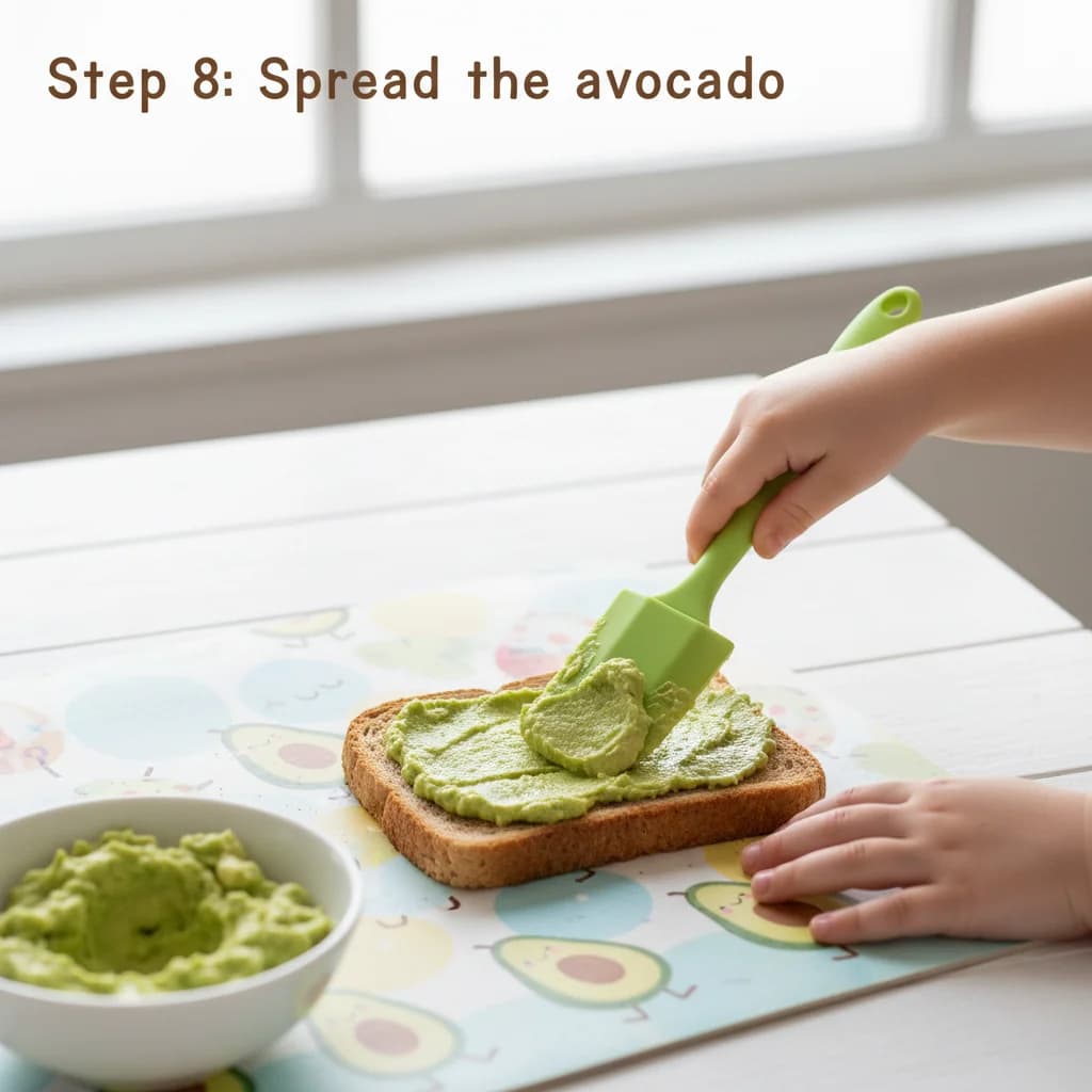 Step 8: Spread the avocado: Spread the mashed avocado evenly over one side of the cooled toast, creating a g for Avocado Toast Fingers for Tiny Tummies