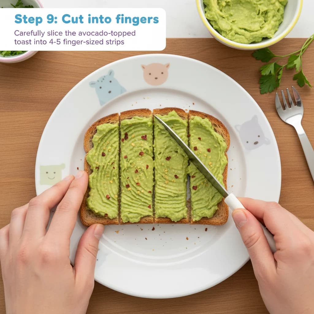 Step 9: Cut into fingers: Using a knife, carefully slice the avocado-topped toast into 4-5 finger-sized stri for Avocado Toast Fingers for Tiny Tummies