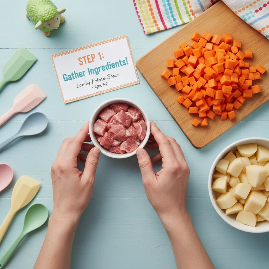 Step 1: Gather all ingredients: Ensure lamb is cut into small, manageable cubes, and potato and carrot are d for Lamby Potato Stew