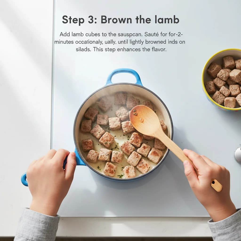 Step 3: Brown the lamb: Add lamb cubes to the saucepan. Sauté for 2-3 minutes, turning occasionally, until l for Lamby Potato Stew