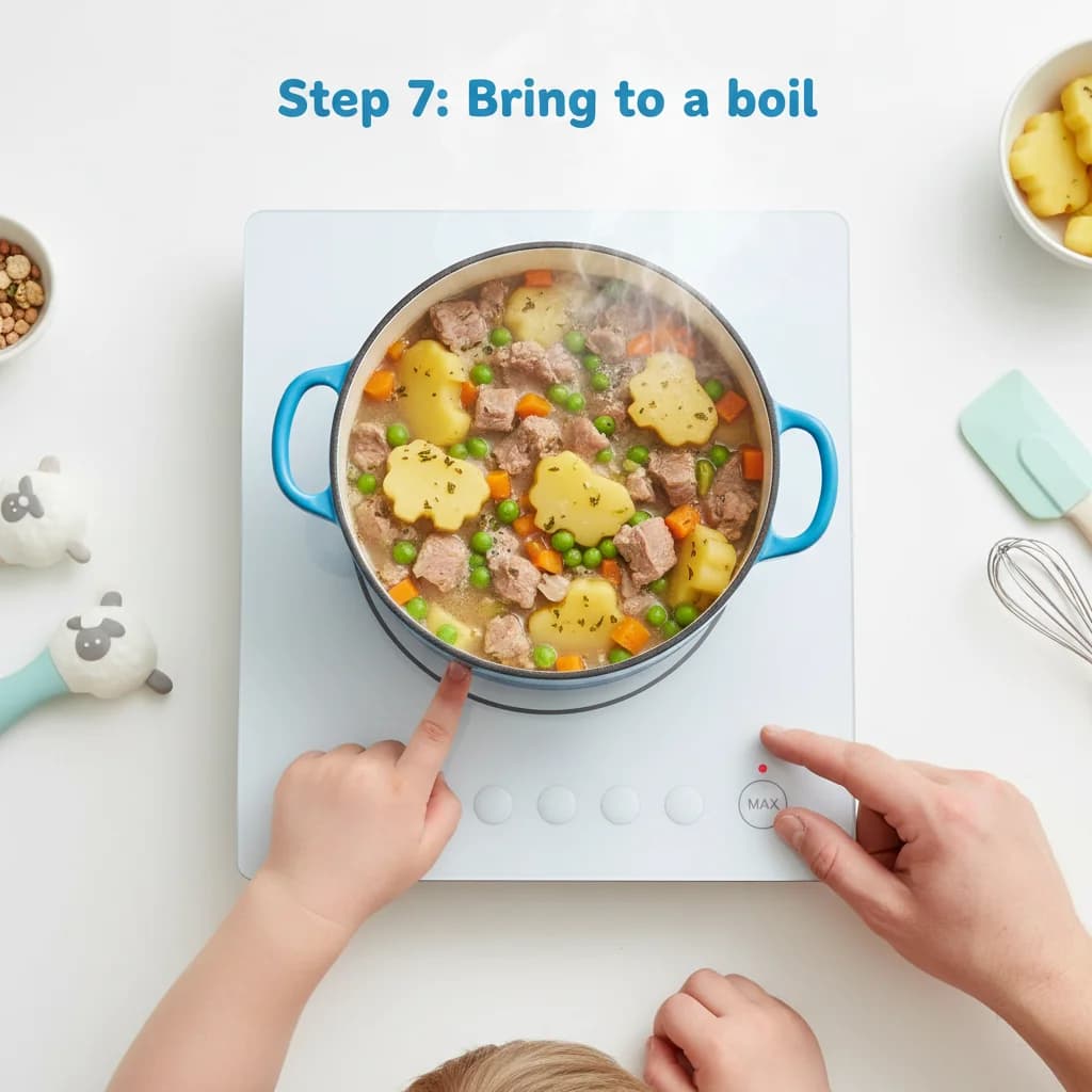 Step 7: Bring to a boil: Increase the heat and bring the mixture to a gentle boil. for Lamby Potato Stew