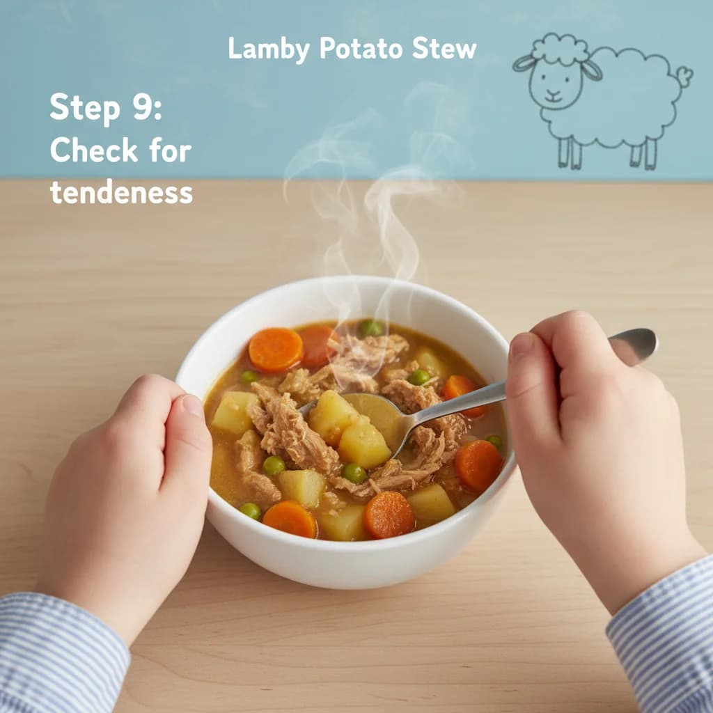Step 9: Check for tenderness: After 30 minutes, check the lamb and vegetables for tenderness. The lamb shoul for Lamby Potato Stew
