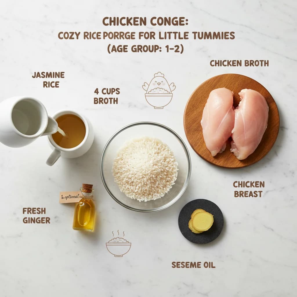 All ingredients needed for Chicken Congee: Cozy Rice Porridge for Little Tummies arranged on a clean surface