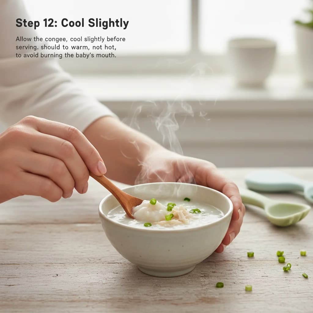 Step 12: **Step 12: Cool Slightly:** Allow the congee to cool slightly before serving. It should be warm, not for Chicken Congee: Cozy Rice Porridge for Little Tummies