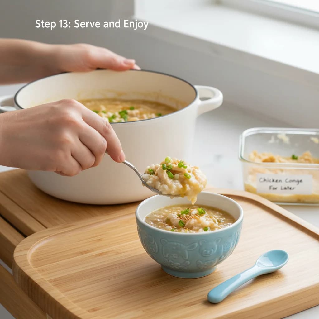 Step 13: **Step 13: Serve and Enjoy:** Spoon the chicken congee into a bowl and serve to your little one. You for Chicken Congee: Cozy Rice Porridge for Little Tummies
