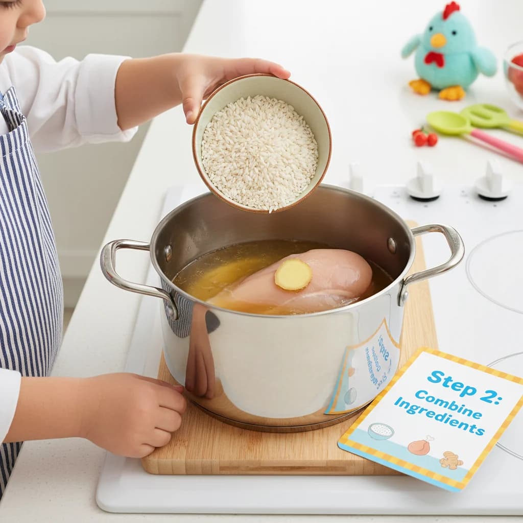 Step 2: **Step 2: Combine Ingredients:** In a medium-sized pot, combine the rinsed rice, chicken broth, chic for Chicken Congee: Cozy Rice Porridge for Little Tummies