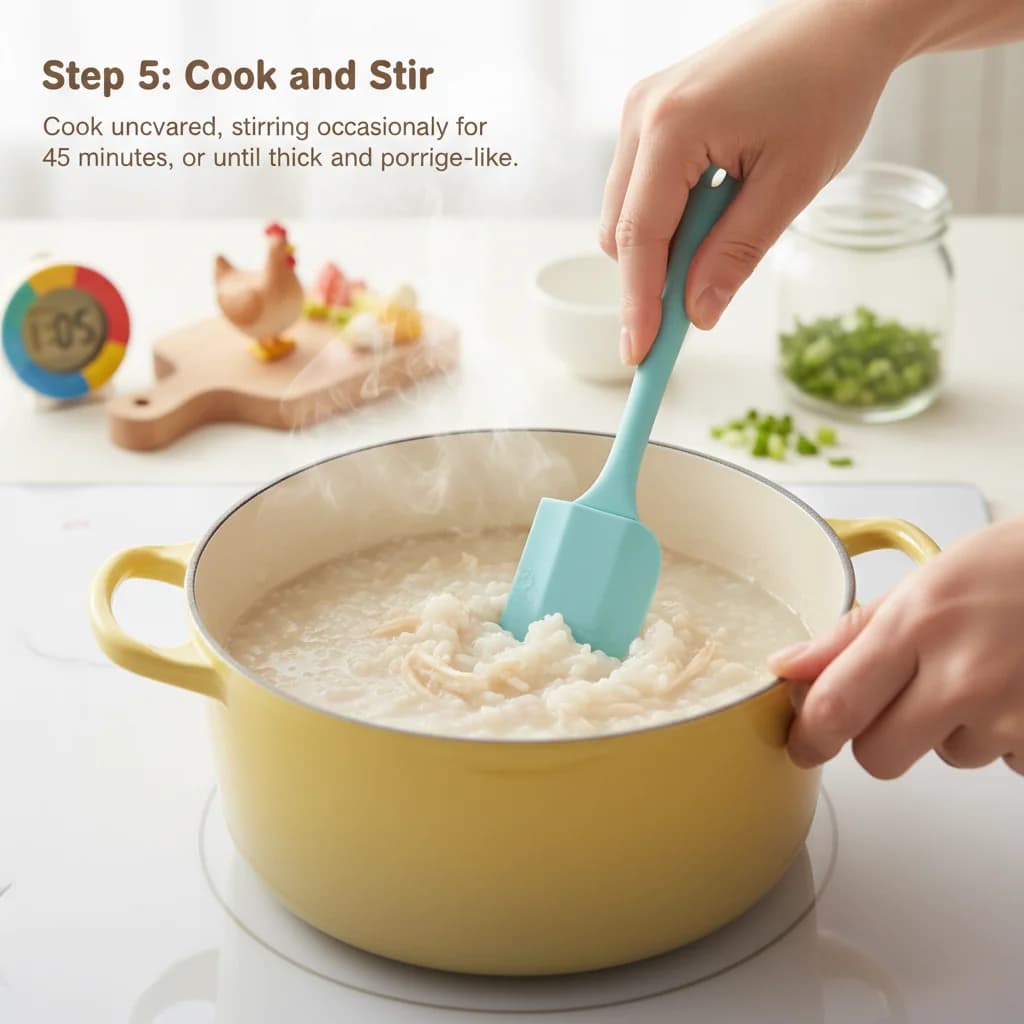 Step 5: **Step 5: Cook and Stir:** Cook uncovered, stirring occasionally (every 10-15 minutes), for 45 minut for Chicken Congee: Cozy Rice Porridge for Little Tummies