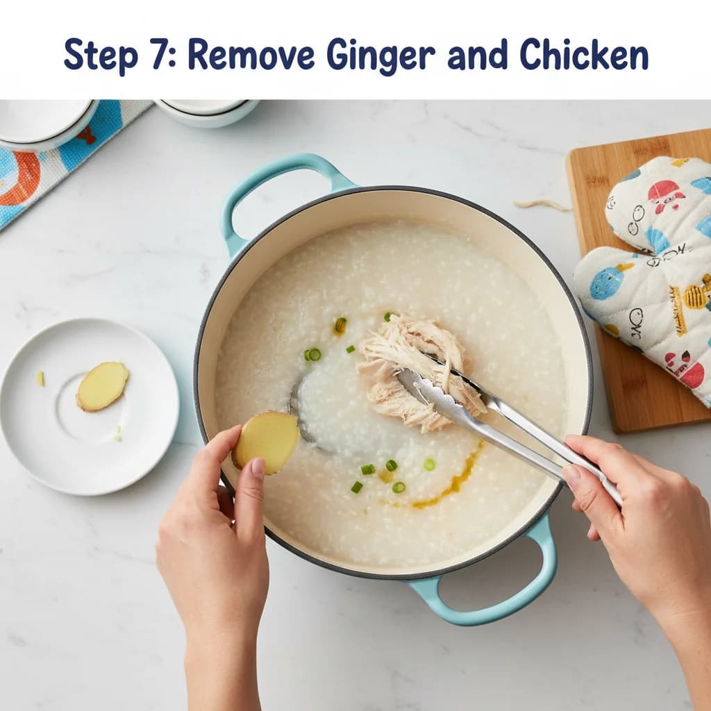 Step 7: **Step 7: Remove Ginger and Chicken:** Carefully remove the ginger slice from the pot and discard it for Chicken Congee: Cozy Rice Porridge for Little Tummies